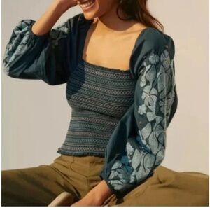 by Anthropologie Turquoise Aqua Green Smocked Embroidered Boho Long Sleeve Top